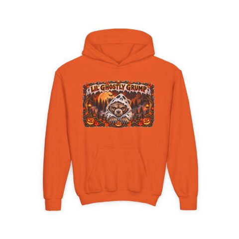 Lil’ Ghostly Grump Hoodie in Orange, laid flat