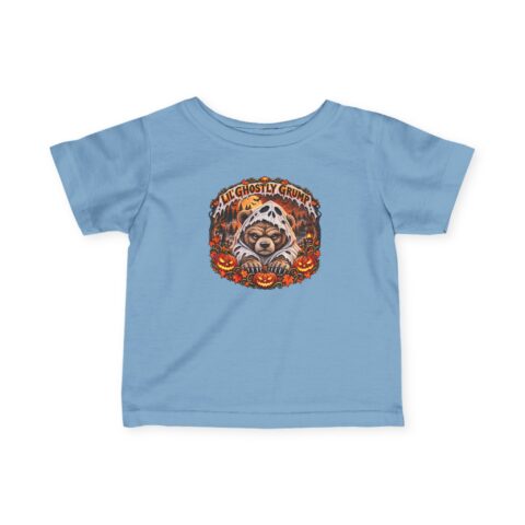 Lil’ Ghostly Grump Tee in Light Blue, laid flat