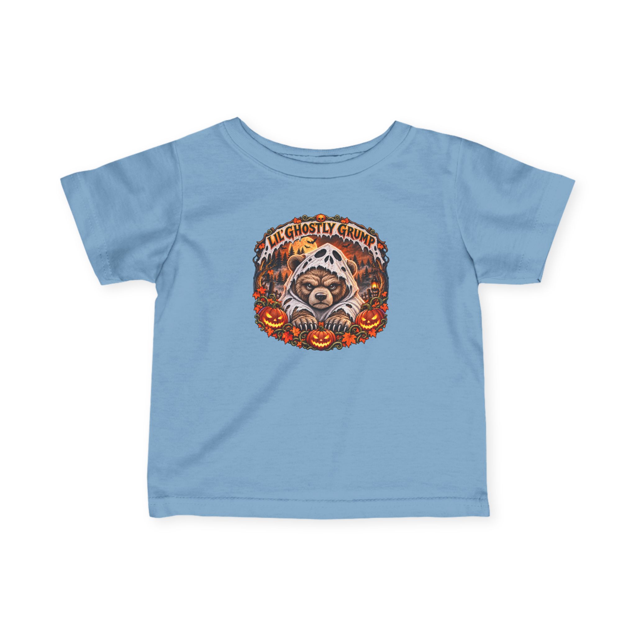 Lil’ Ghostly Grump Tee in Light Blue, laid flat