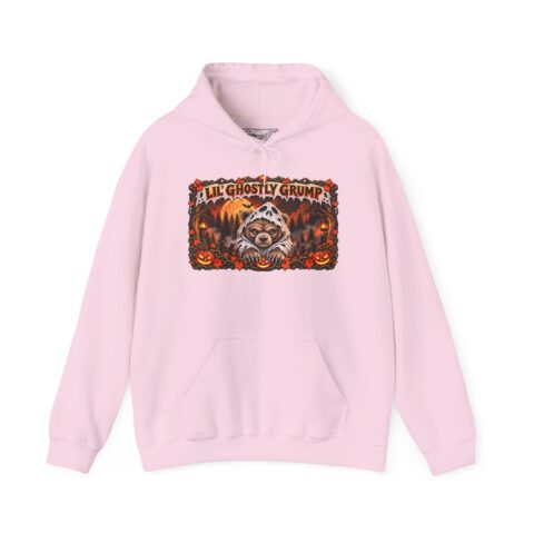 Lil’ Ghostly Grump Hoodie in Light Pink, laid flat