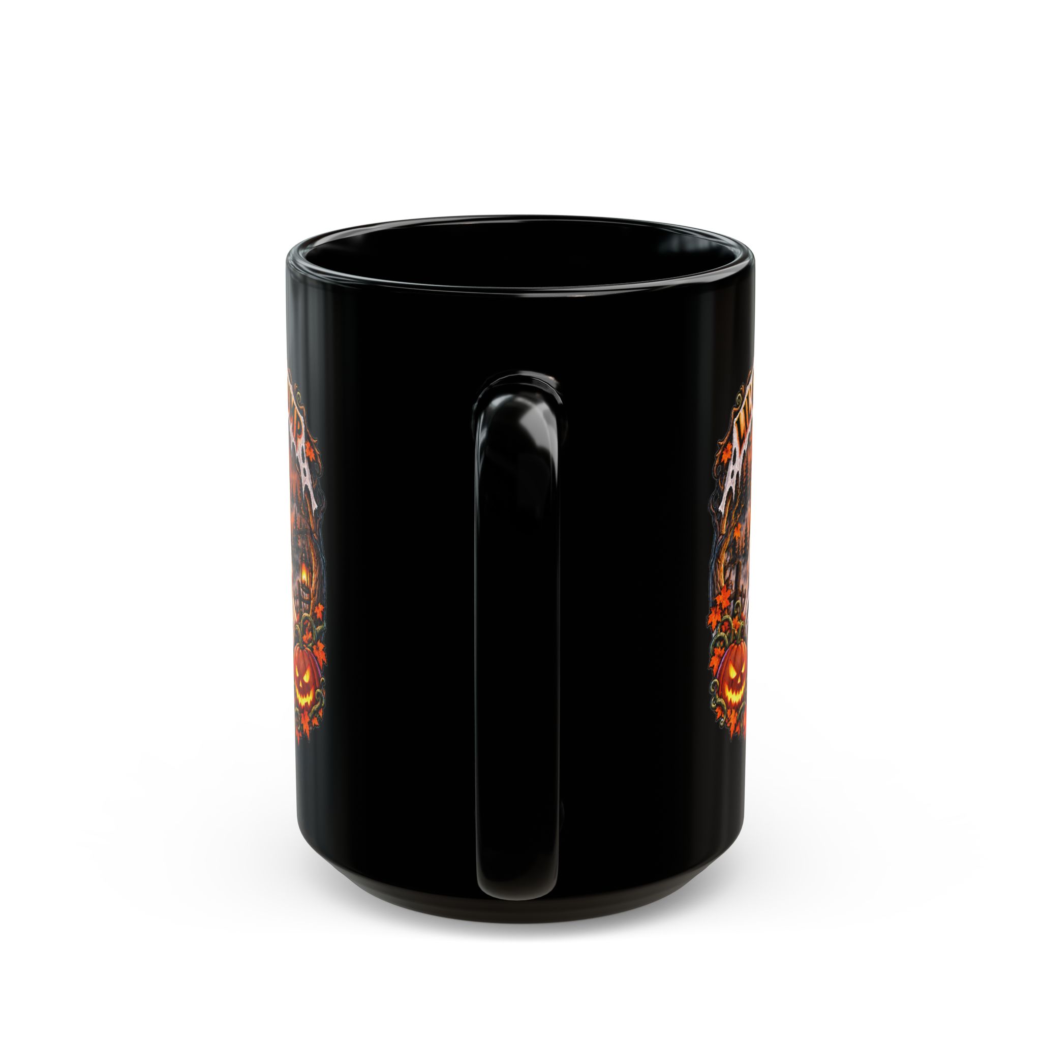 Lil' Ghostly Grump Mug in black, handle facing the camera