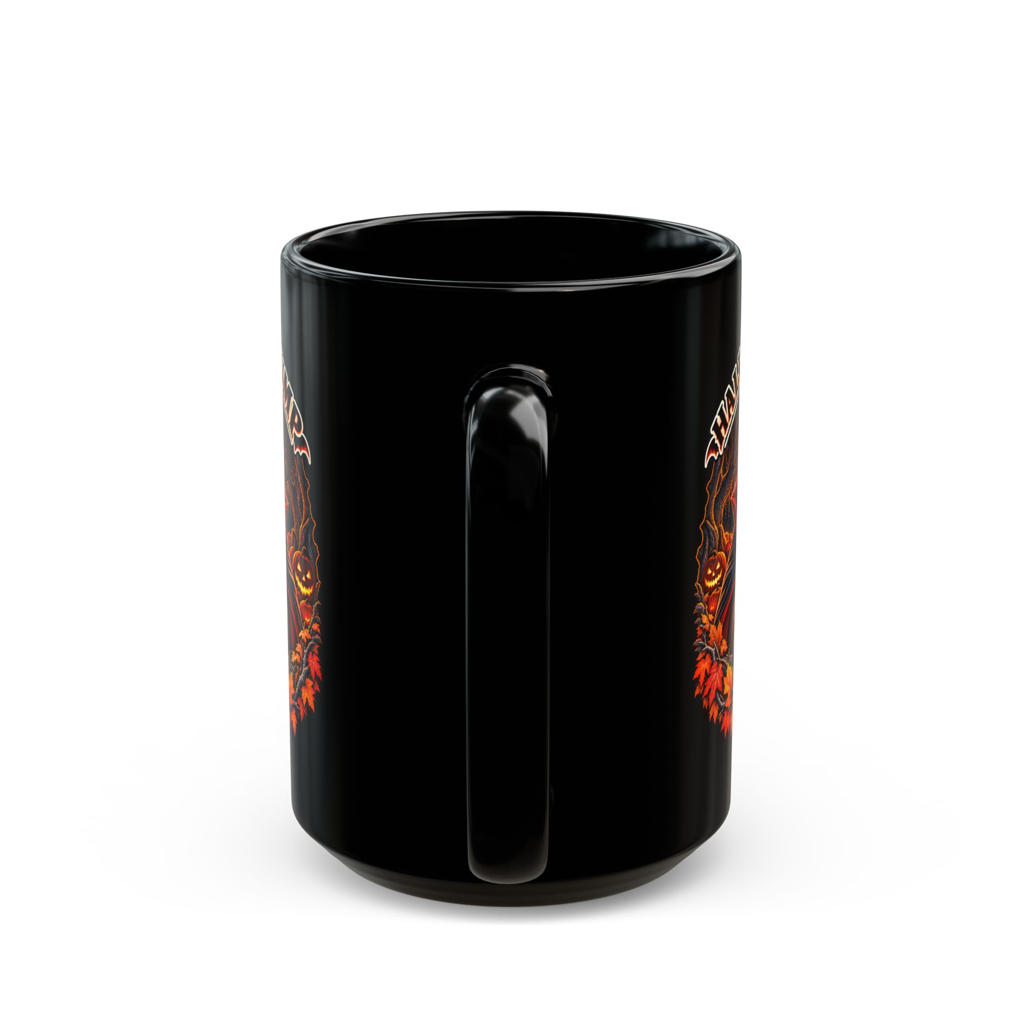 Halloween Grump Mug in black, handle facing the camera