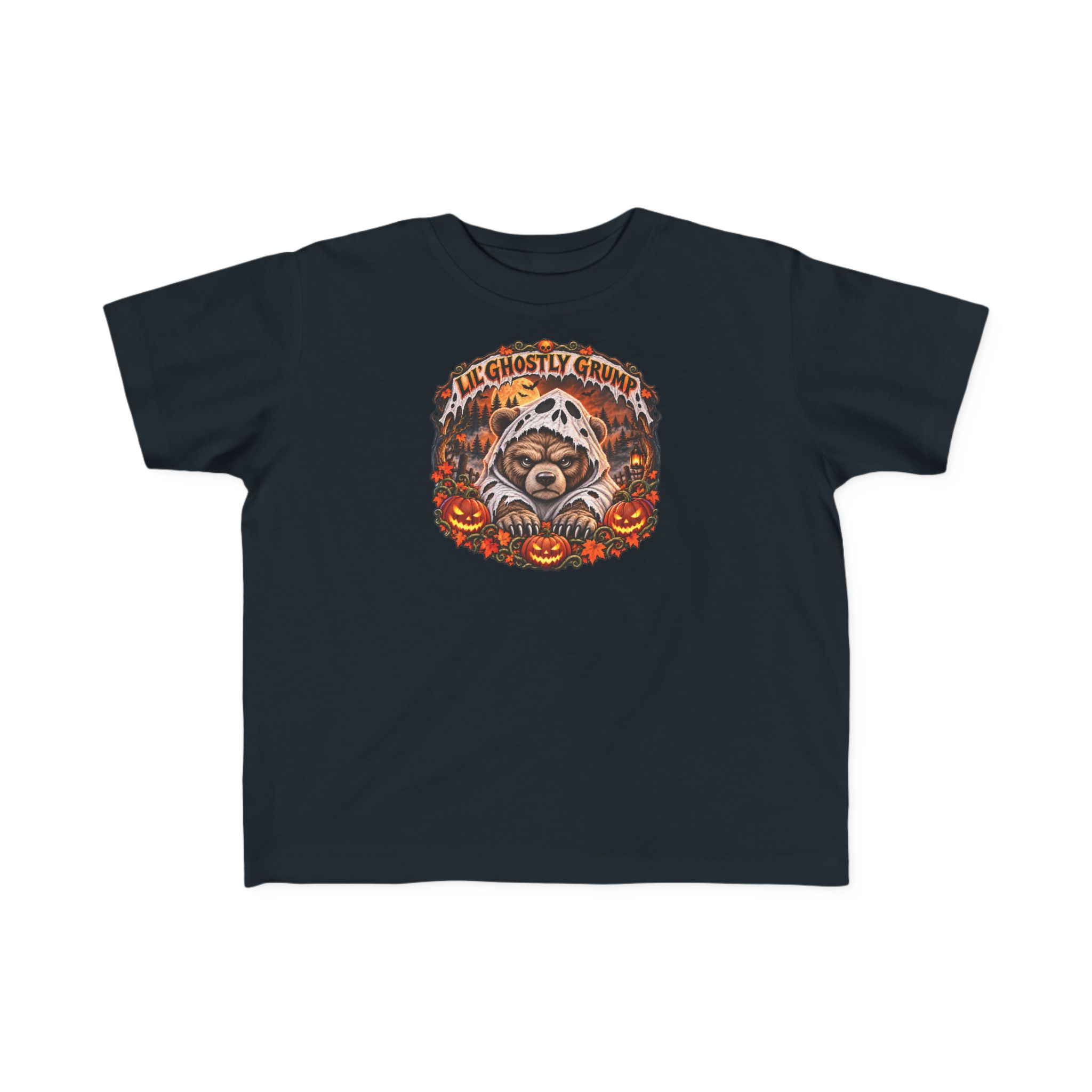Lil’ Ghostly Grump Tee in Black, laid flat