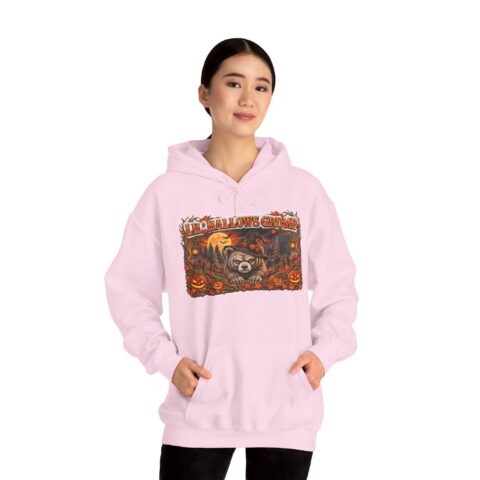 Lil’ Hallows Grump Hoodie in Light Pink, worn, front view