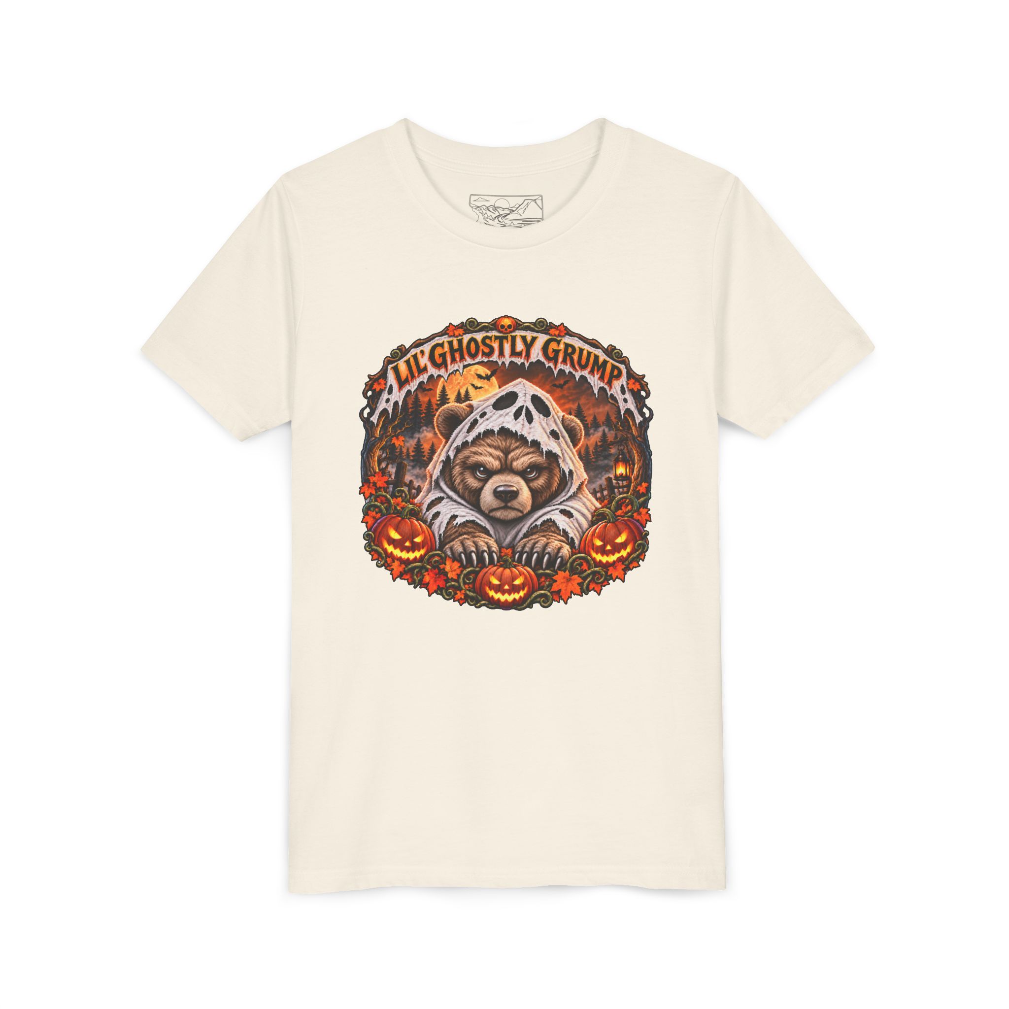 Lil’ Ghostly Grump Tee in Natural, laid flat