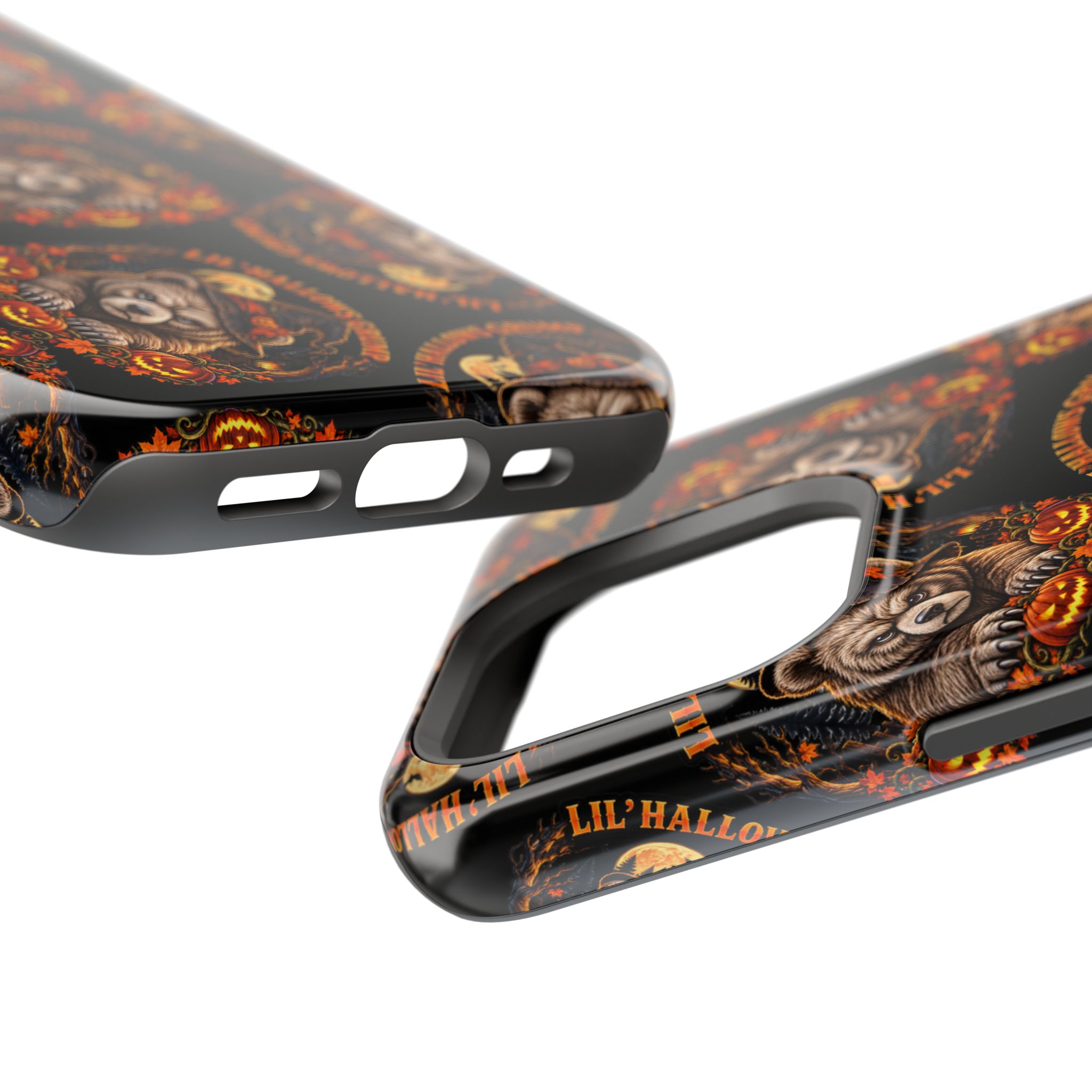 Lil' Hallows Grump Mag Phone Case, close-up of the raised edges and button cutouts