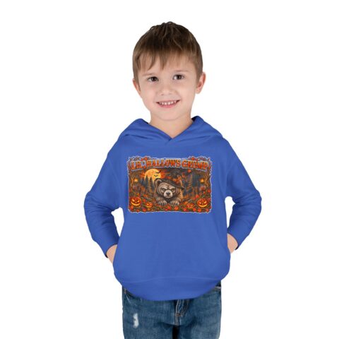 Lil’ Hallows Grump Hoodie in Vintage Royal, worn, front view, second model