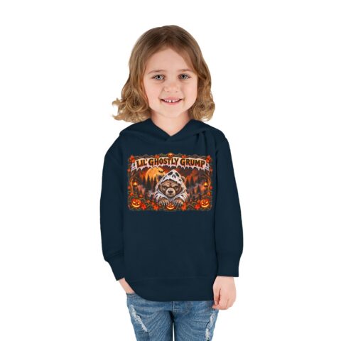 Lil’ Ghostly Grump Hoodie in Navy, worn, front view