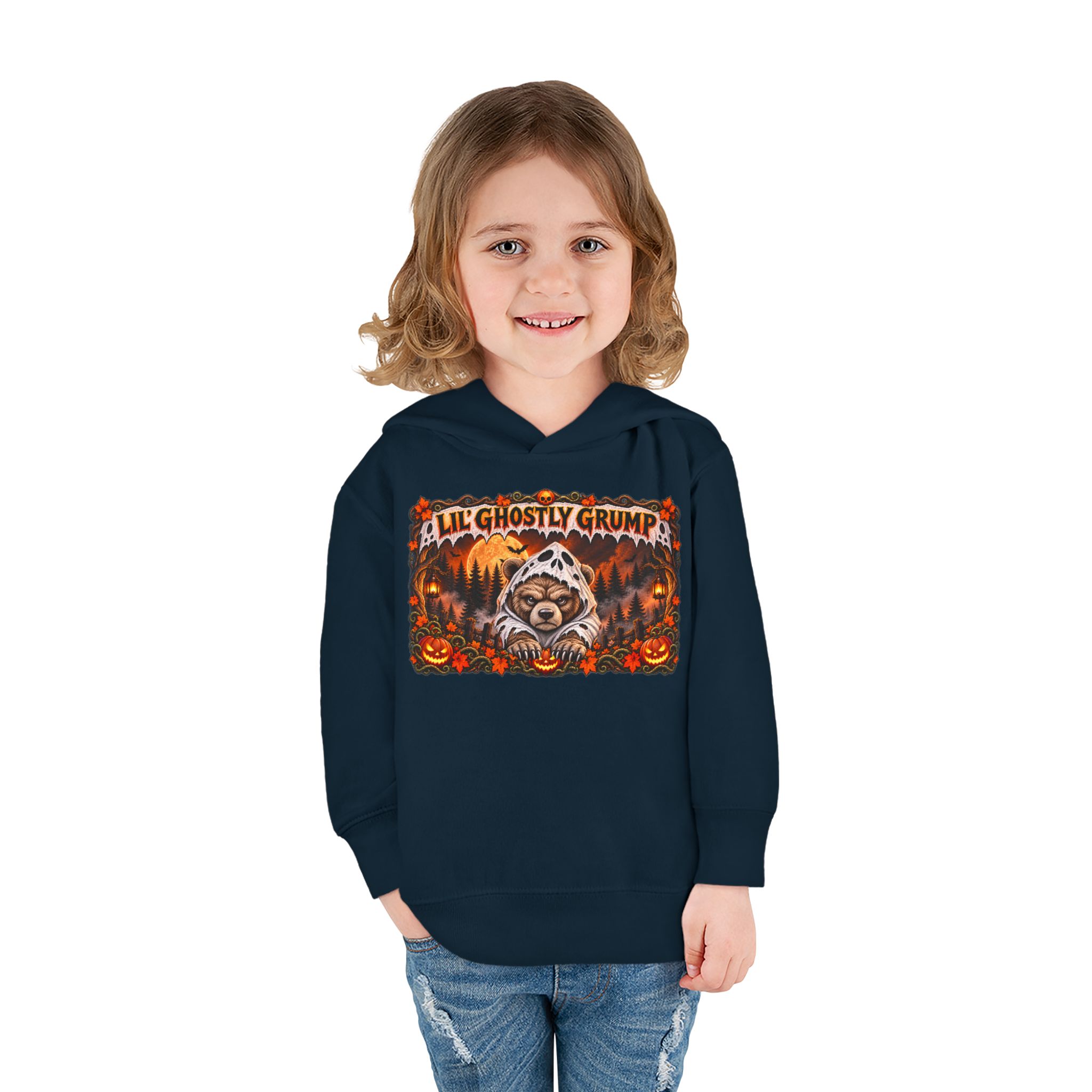 Lil’ Ghostly Grump Hoodie in Navy, worn, front view