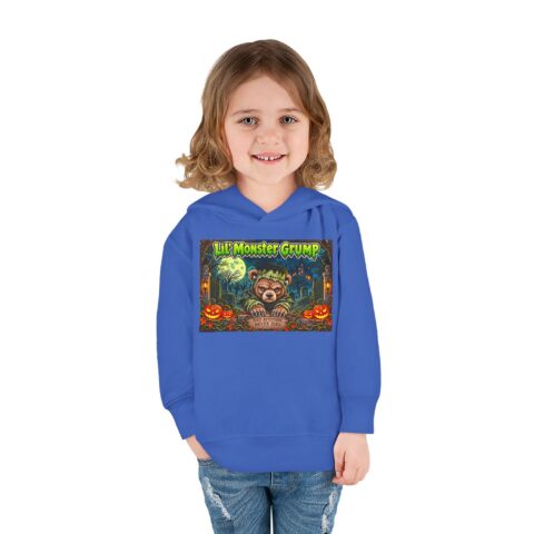 Lil’ Monster Grump Hoodie in Vintage Royal, worn, front view