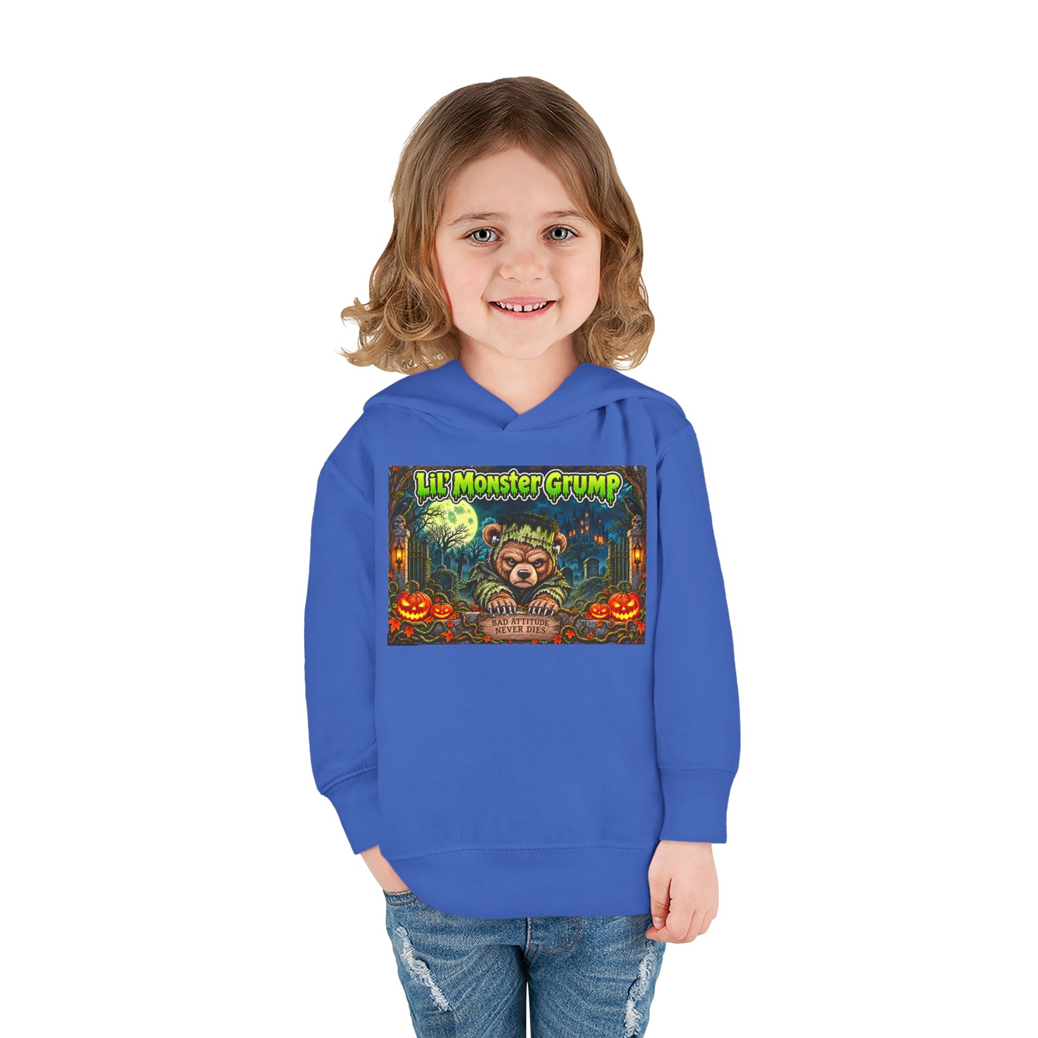 Lil’ Monster Grump Hoodie in Vintage Royal, worn, front view