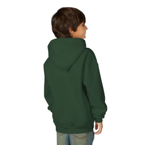 Lil’ Ghostly Grump Hoodie in Forest Green, worn, back view