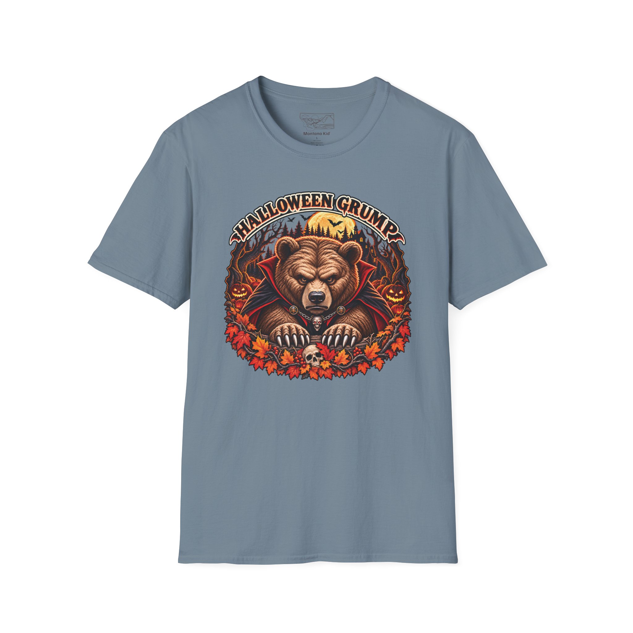 Halloween Grump Tee in Stone Blue, laid flat