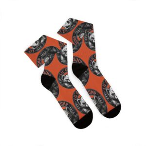 Lil’ Grump Crew Socks in Sun Orange, pair laid flat