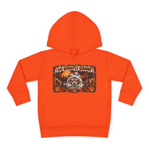 Lil’ Ghostly Grump Hoodie in Orange, laid flat