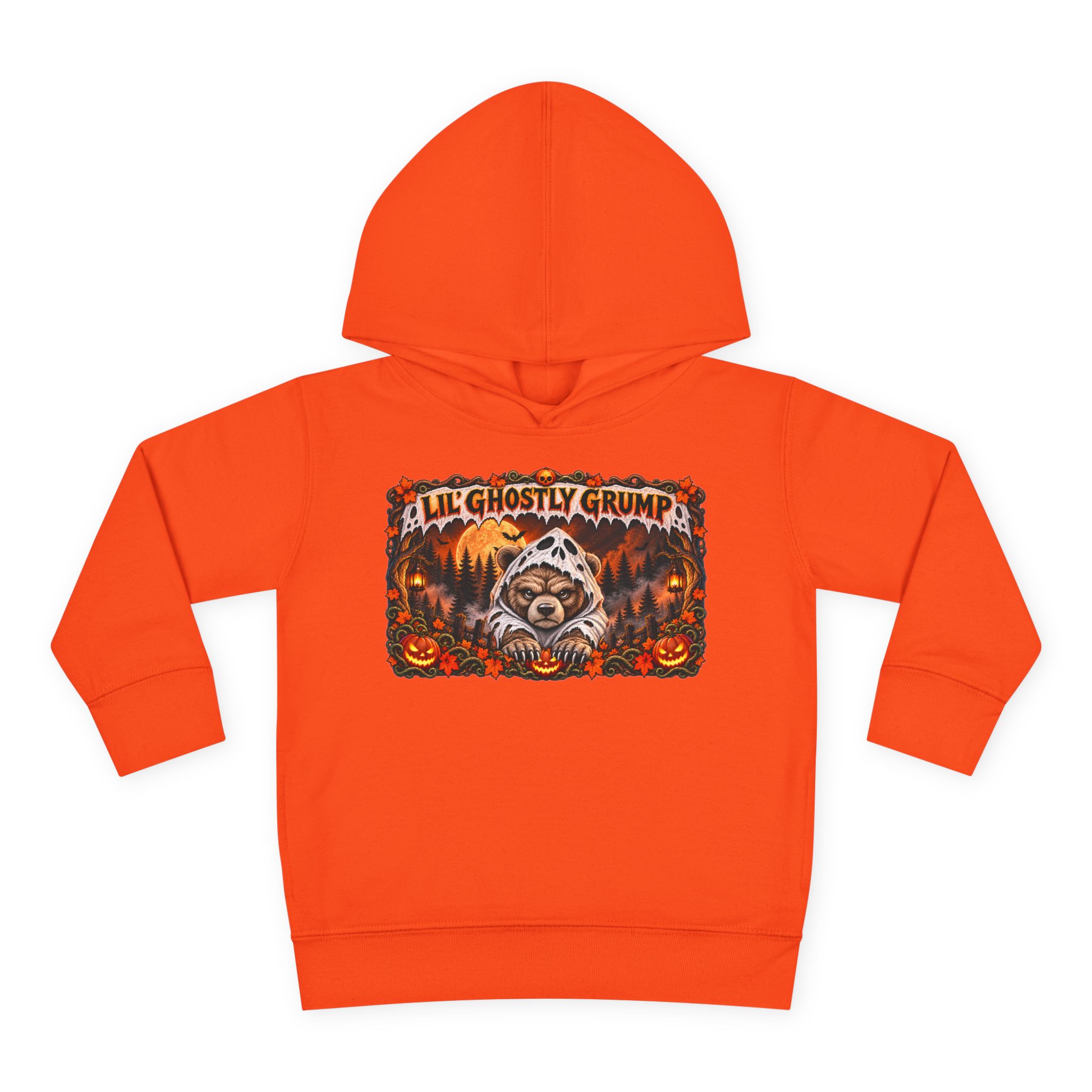 Lil’ Ghostly Grump Hoodie in Orange, laid flat