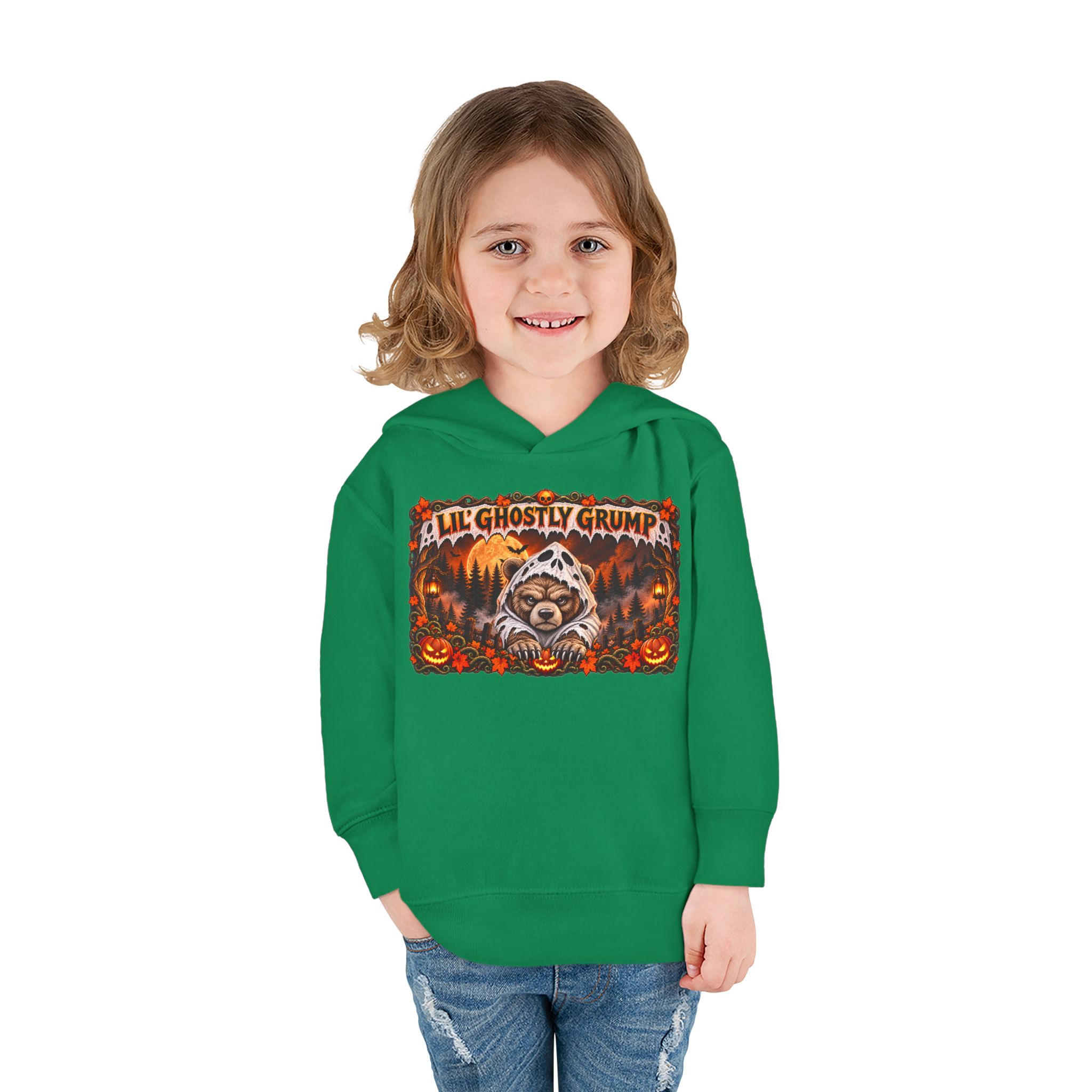 Lil’ Ghostly Grump Hoodie in Kelly, worn, front view, second model