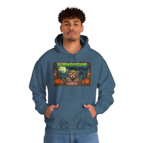 Lil’ Monster Grump Hoodie in Indigo Blue, worn, front view