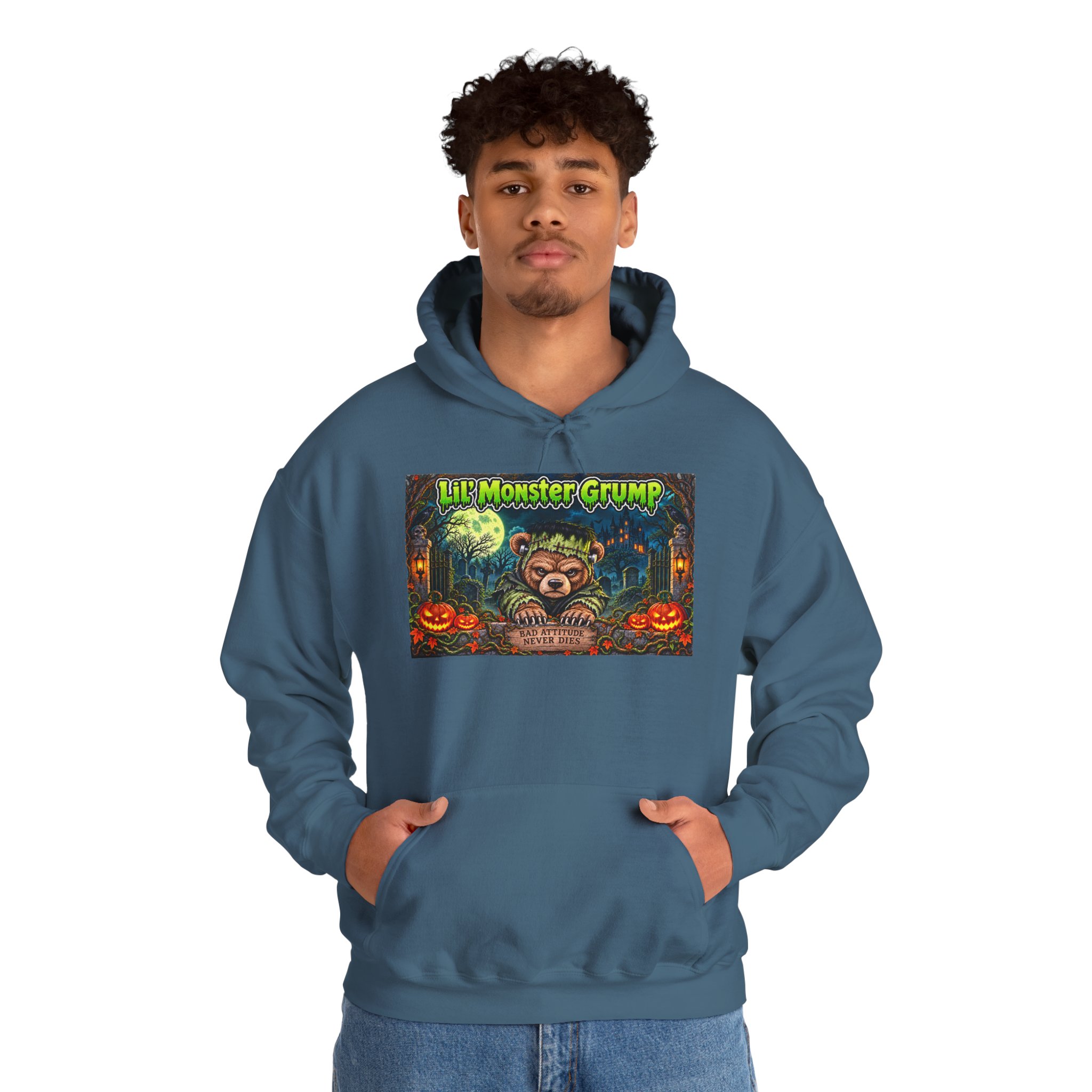 Lil’ Monster Grump Hoodie in Indigo Blue, worn, front view