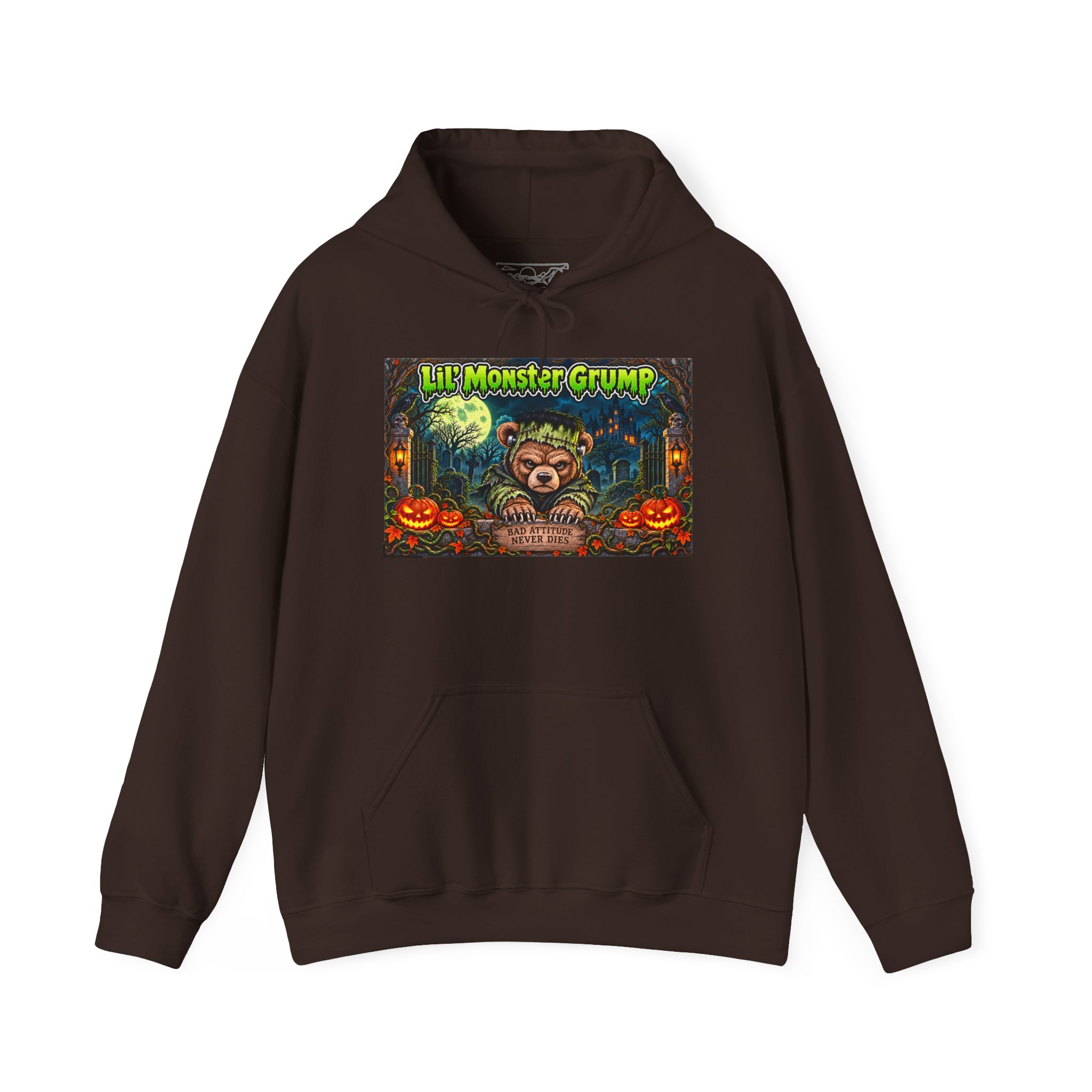 Lil’ Monster Grump Hoodie in Dark Chocolate, laid flat