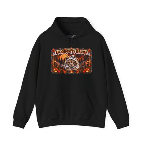 Lil’ Ghostly Grump Hoodie in Black, laid flat