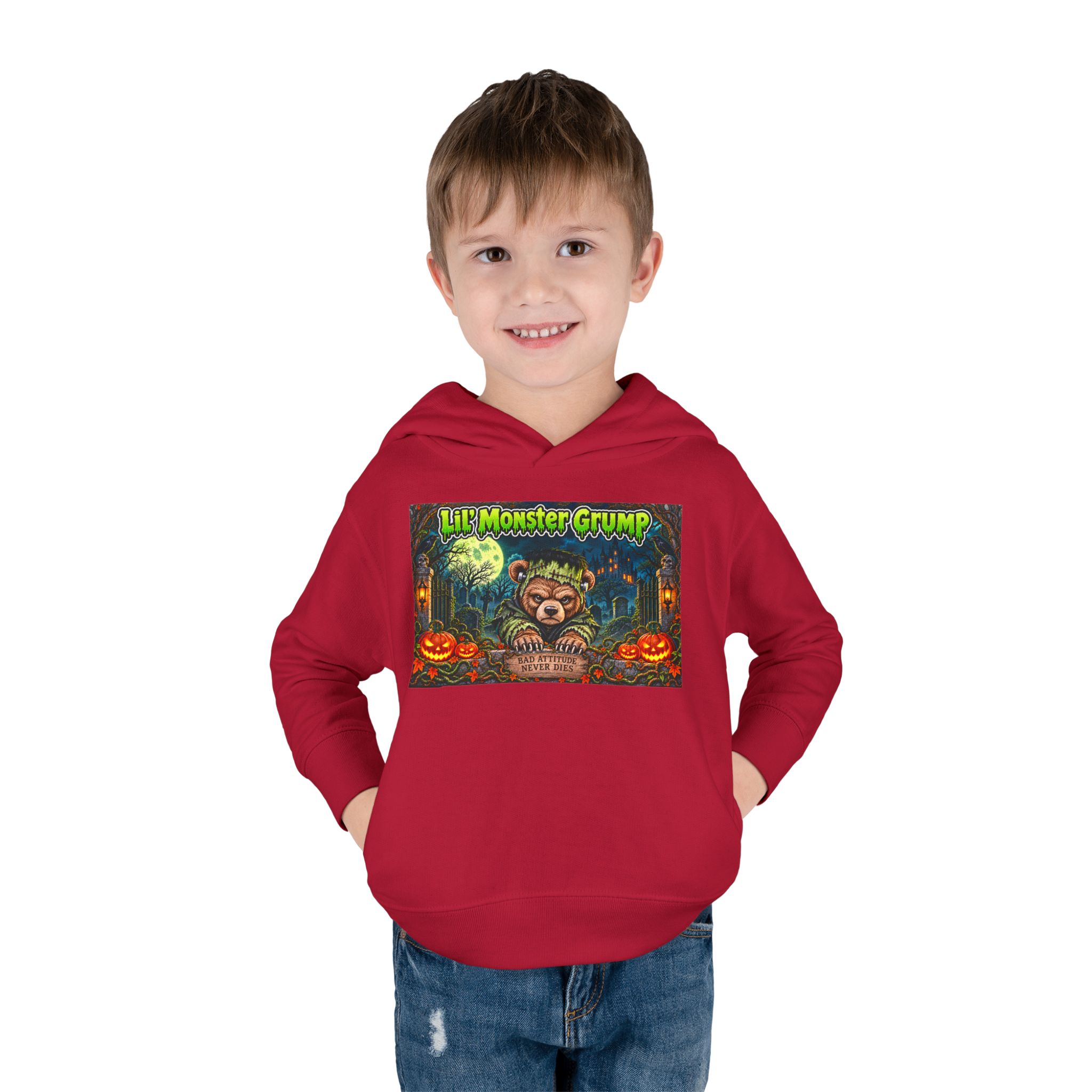 Lil’ Monster Grump Hoodie in Vintage Red, worn, front view