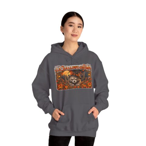 Lil’ Hallows Grump Hoodie in Charcoal, worn, front view, second model