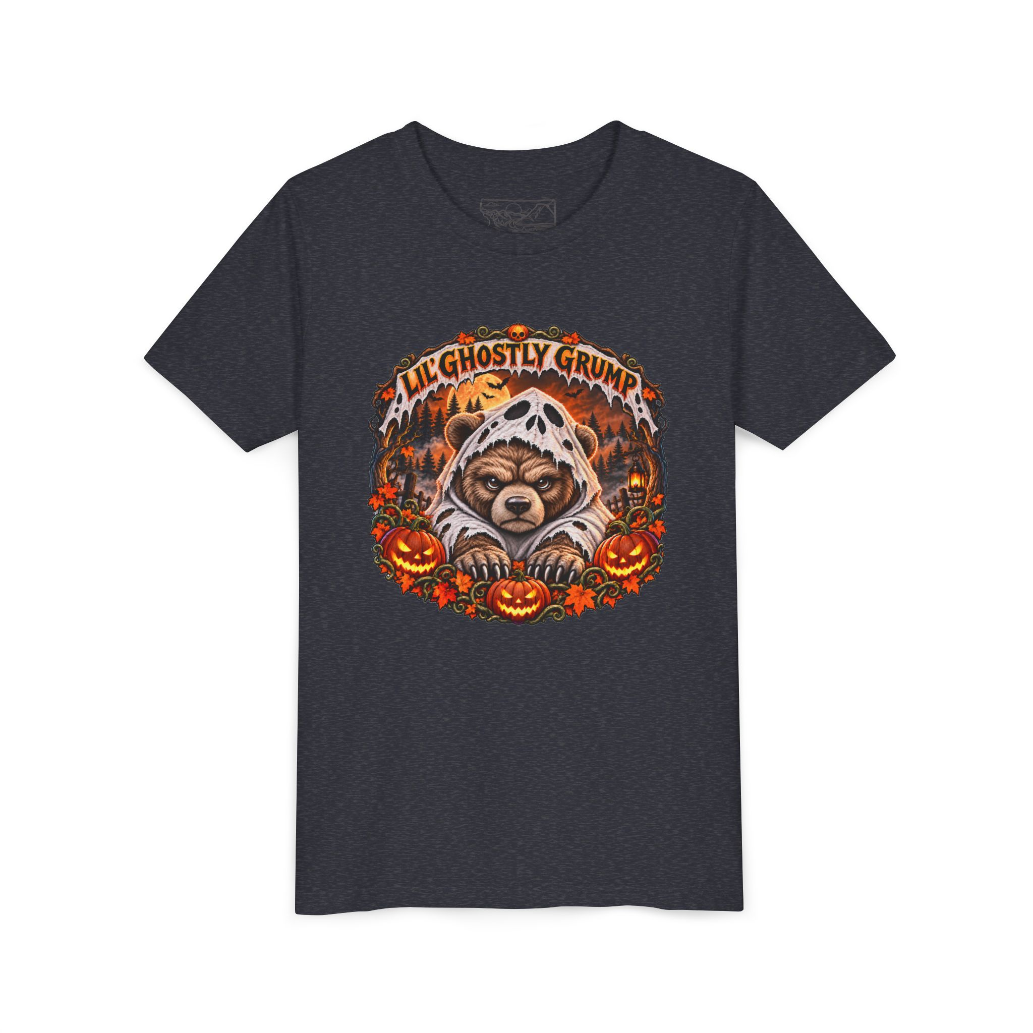 Lil’ Ghostly Grump Tee in Heather Navy, laid flat
