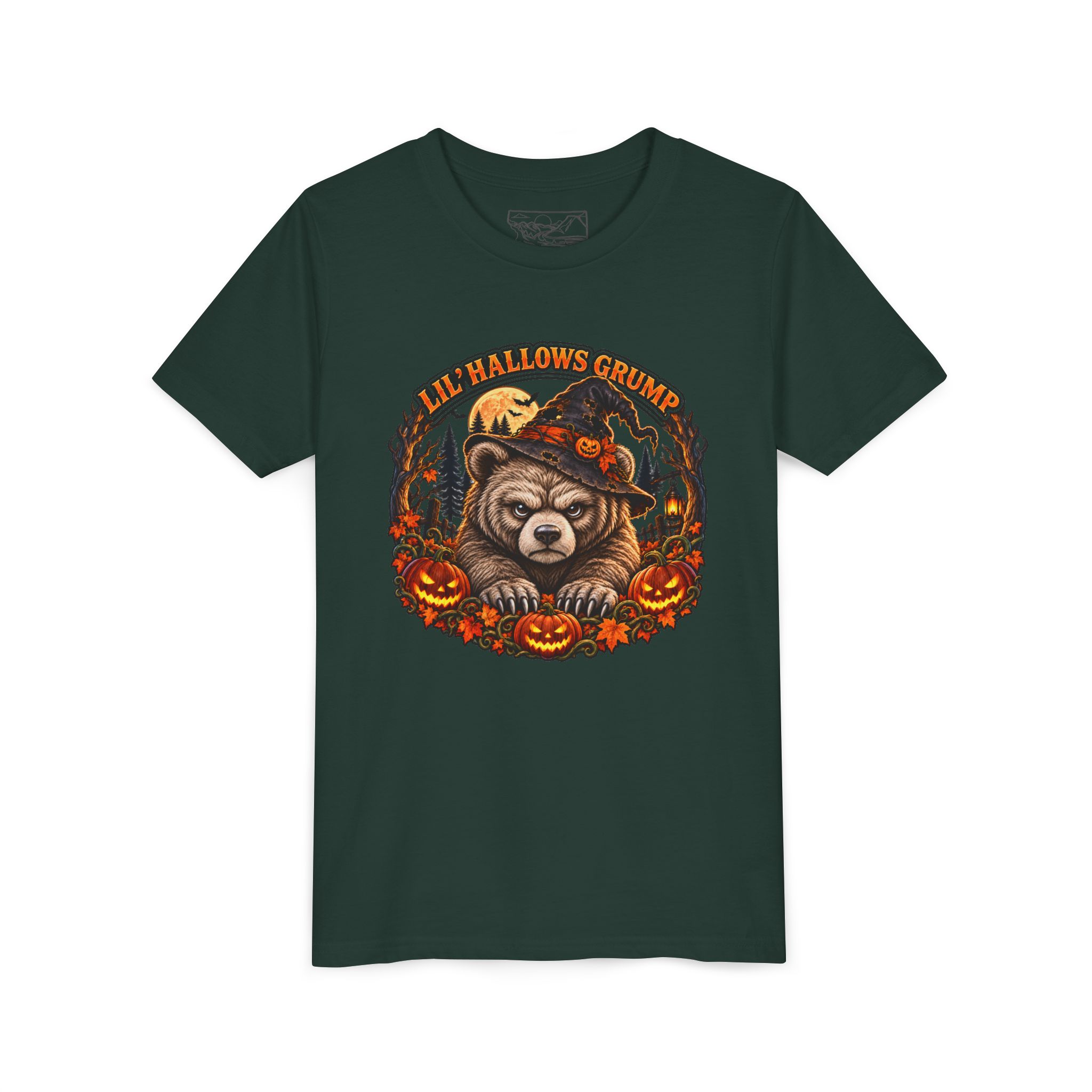 Lil’ Hallows Grump Tee in Forest, laid flat