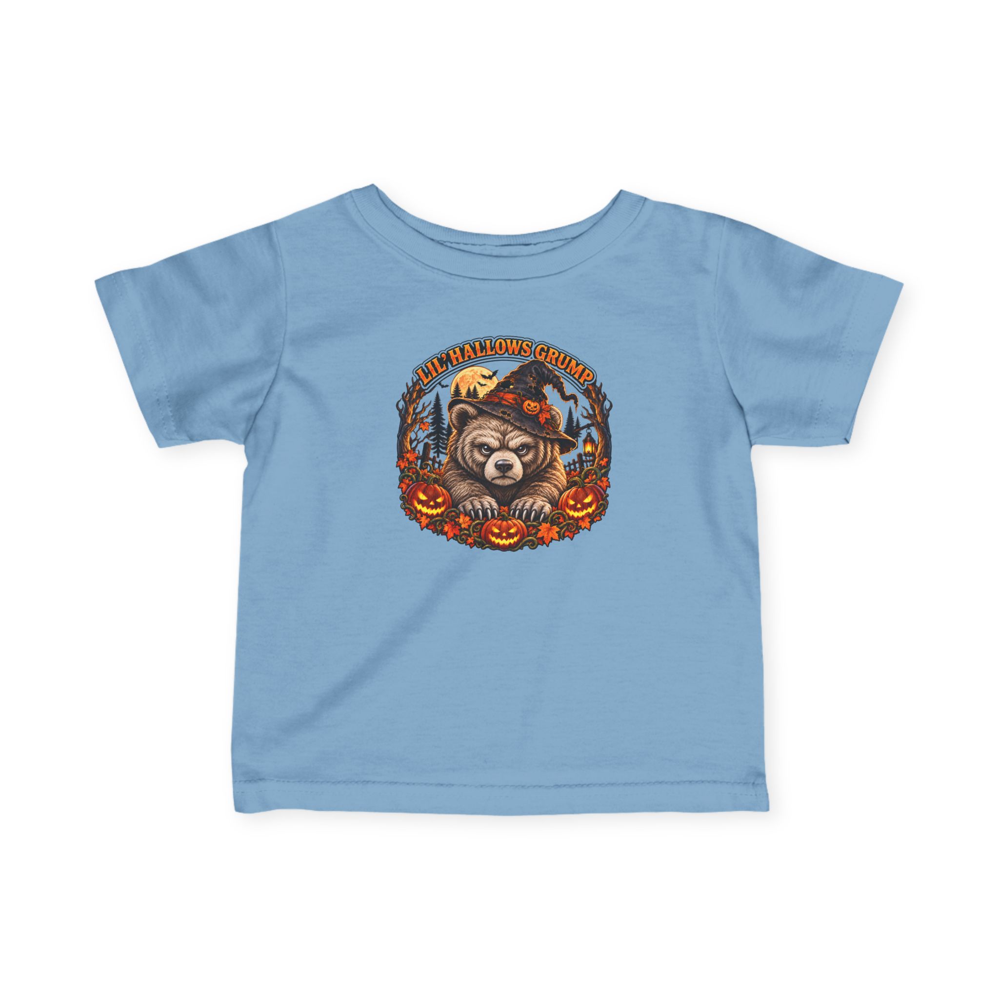 Lil’ Hallows Grump Tee in Light Blue, laid flat