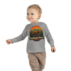 Baditude Bear Long Sleeve Tee in Heather, worn, front view