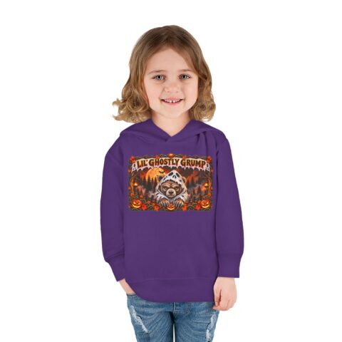 Lil’ Ghostly Grump Hoodie in Purple, worn, front view, second model