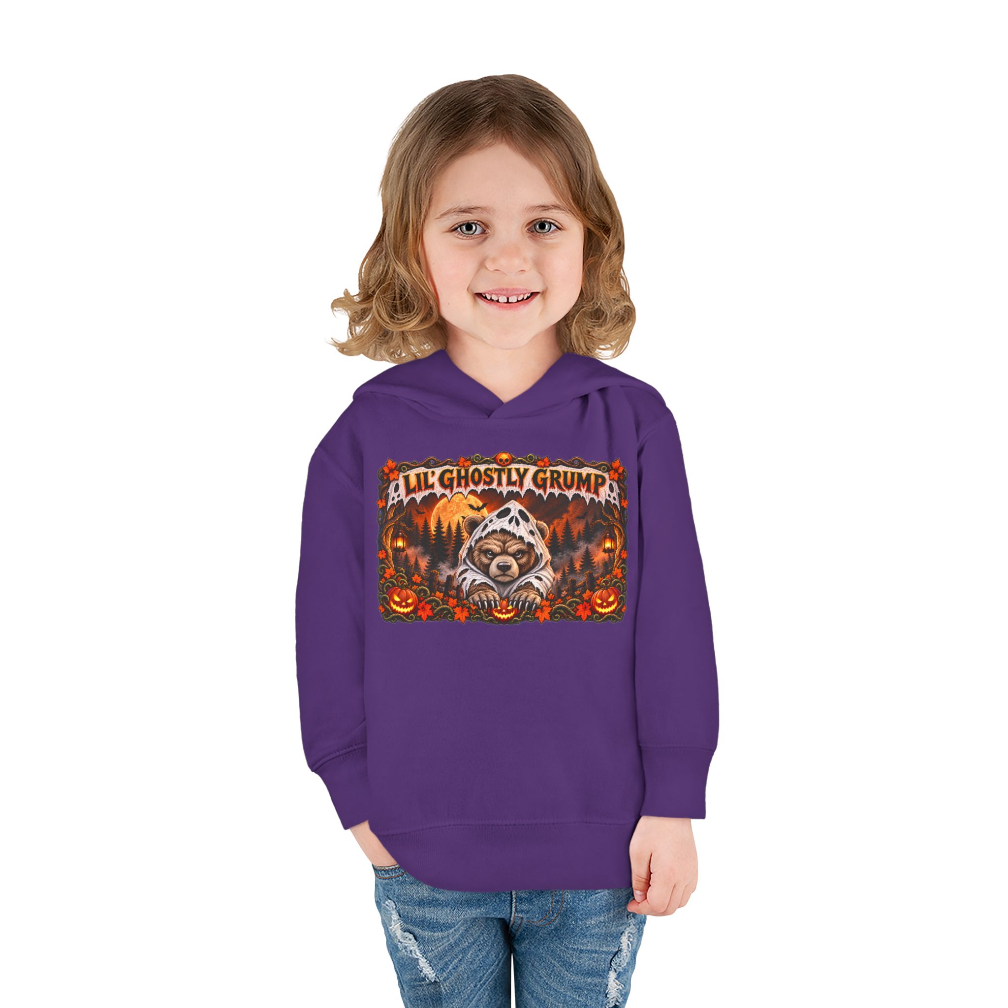 Lil’ Ghostly Grump Hoodie in Purple, worn, front view, second model