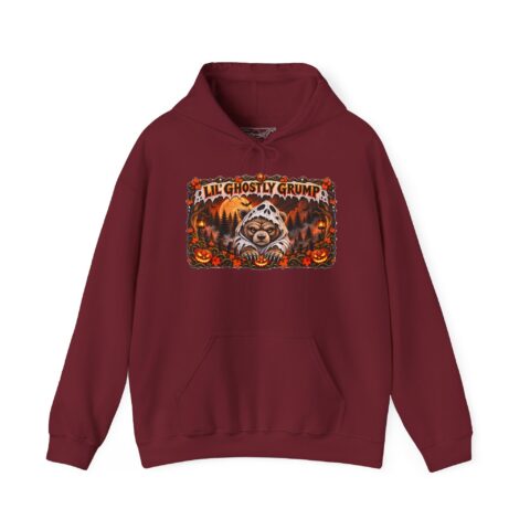 Lil’ Ghostly Grump Hoodie in Garnet, laid flat