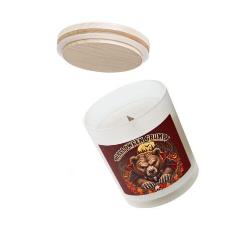 Halloween Grump Candle with the wooden lid lifted off