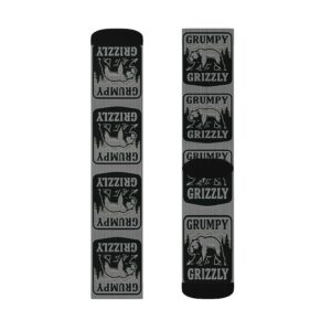 Warning Grumpy Grizzly Crew Socks in Mid Grey, both sides laid flat to show the full wrap print
