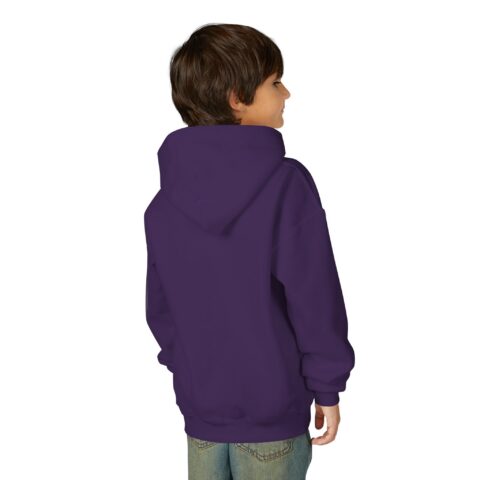 Lil’ Ghostly Grump Hoodie in Purple, worn, back view