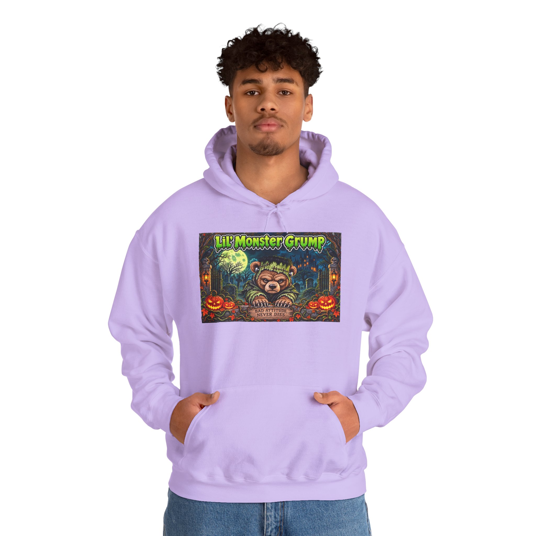 Lil’ Monster Grump Hoodie in Orchid, worn, front view