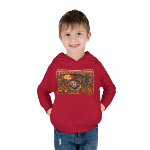 Lil’ Hallows Grump Hoodie in Vintage Red, worn, front view