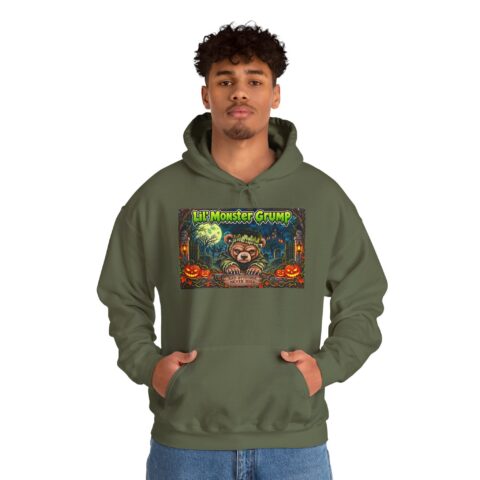 Lil’ Monster Grump Hoodie in Military Green, worn, front view