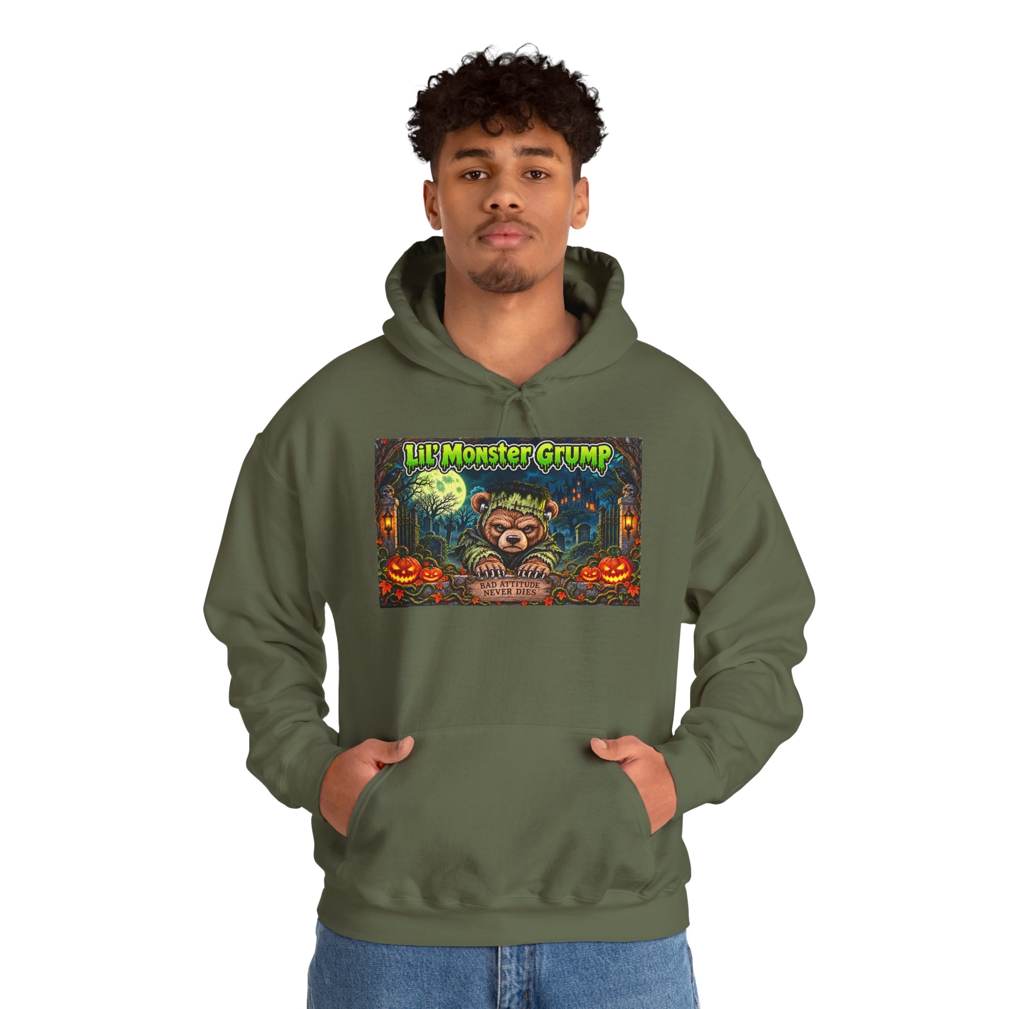 Lil’ Monster Grump Hoodie in Military Green, worn, front view
