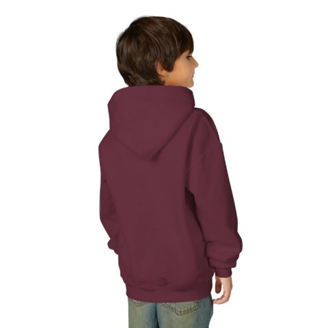 Lil’ Ghostly Grump Hoodie in Maroon, worn, back view