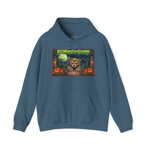Lil’ Monster Grump Hoodie in Indigo Blue, laid flat