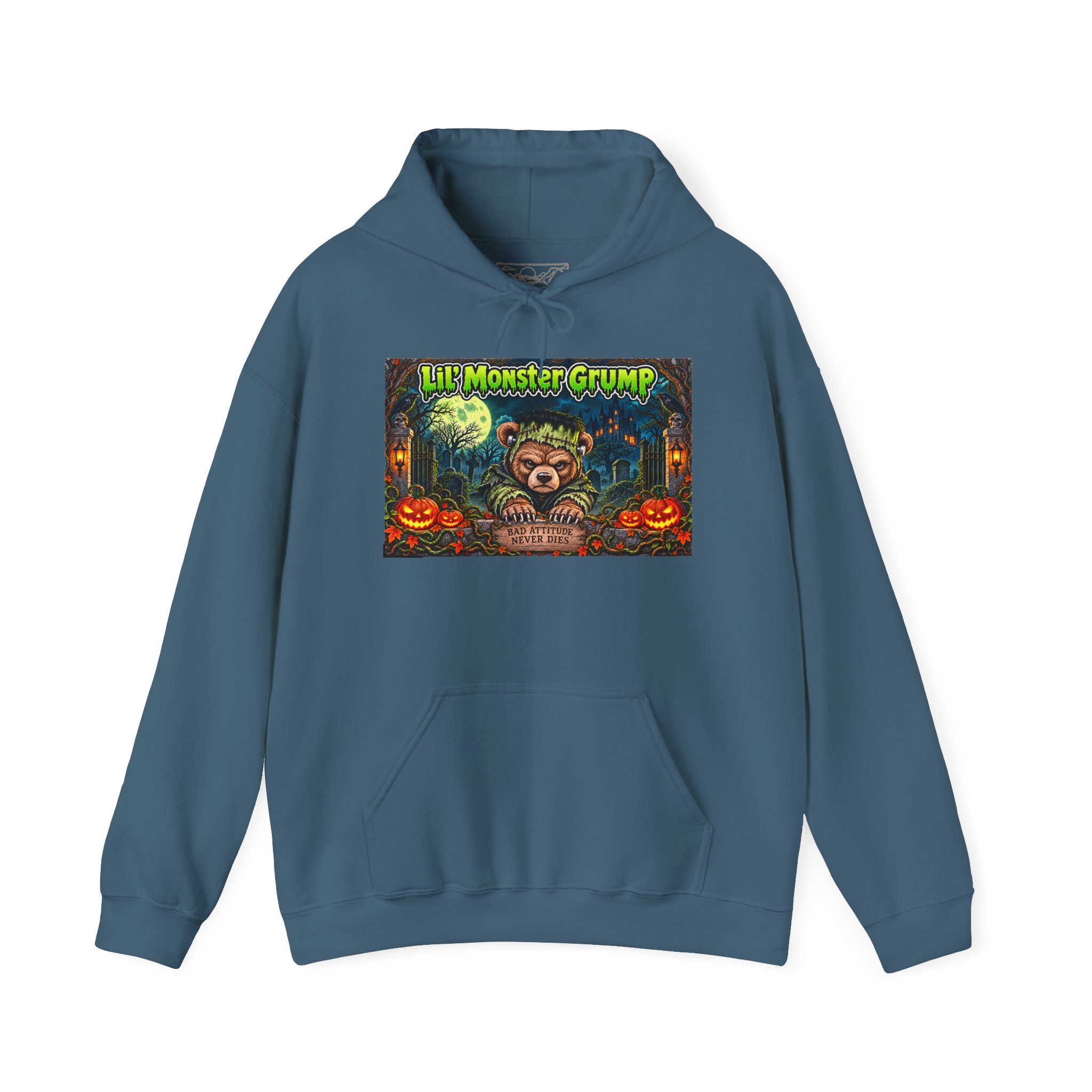 Lil’ Monster Grump Hoodie in Indigo Blue, laid flat