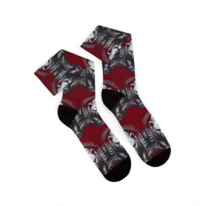 Grumpy Grizzly Crew Socks in Maroon, pair laid flat