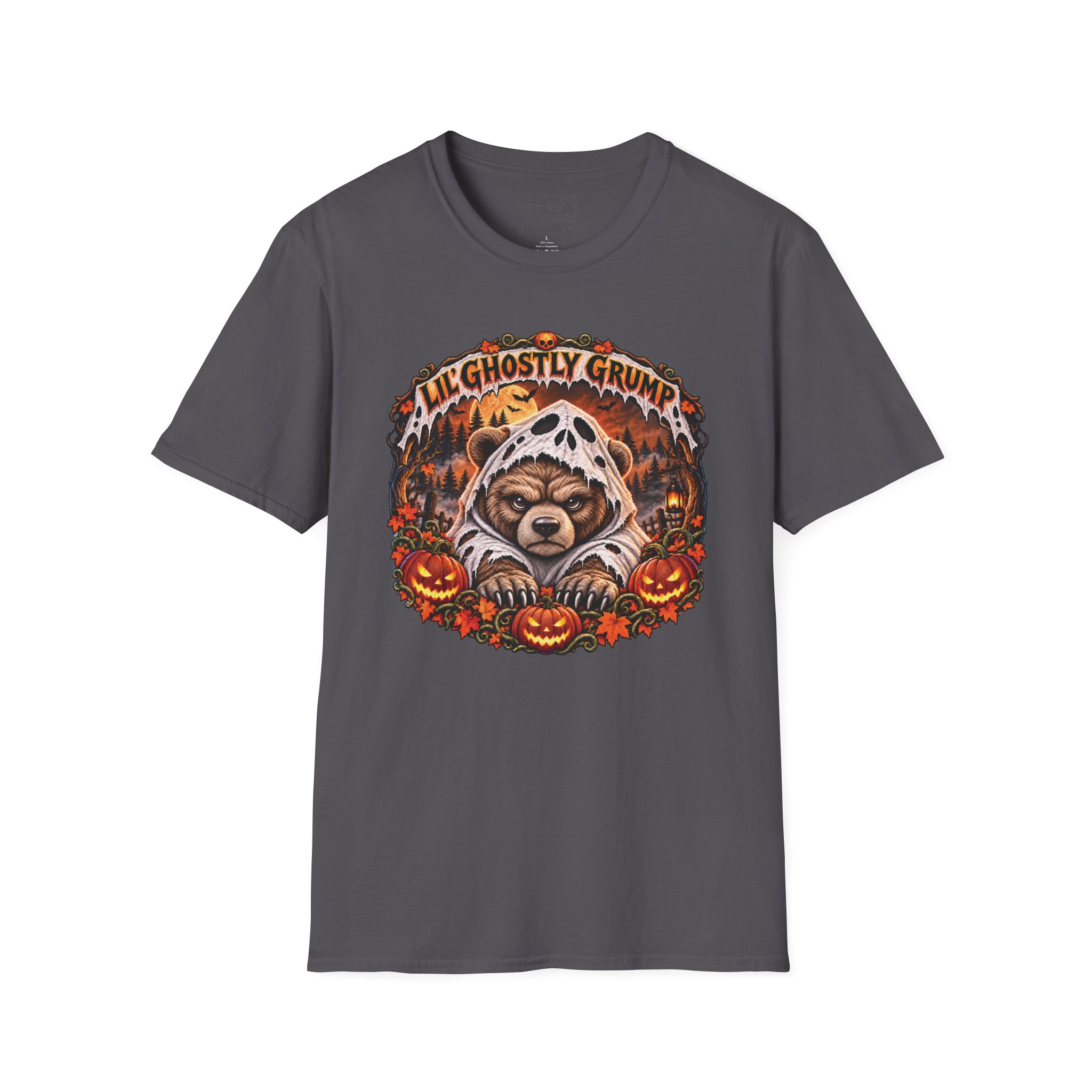 Lil’ Ghostly Grump Tee in Charcoal, laid flat
