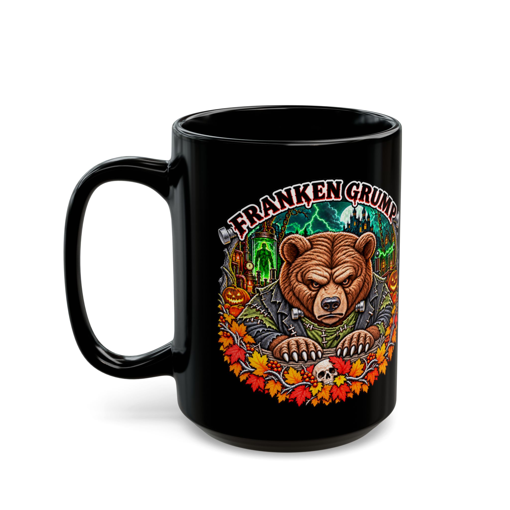 Franken Grump Mug in black, second print with the handle on the left