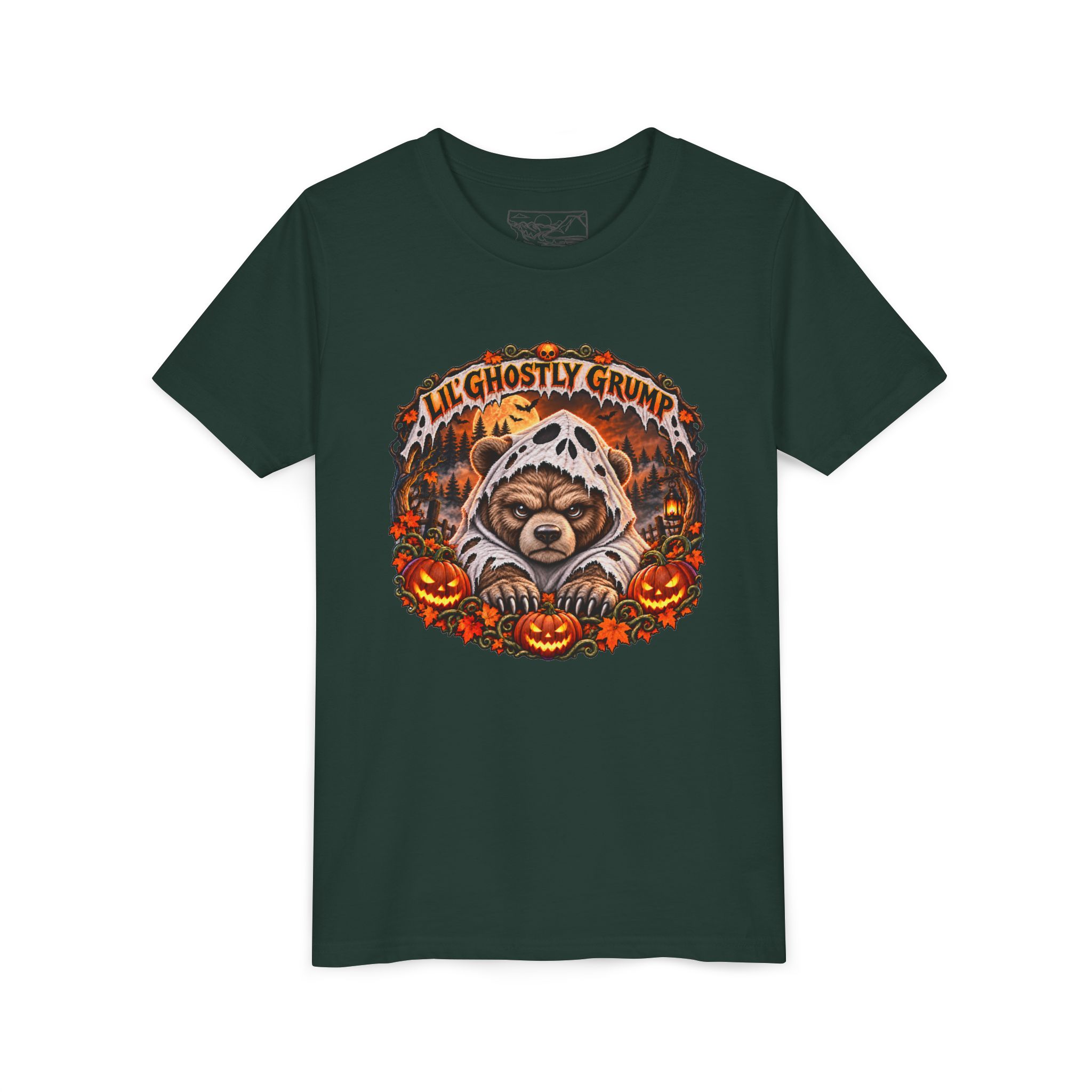 Lil’ Ghostly Grump Tee in Forest, laid flat
