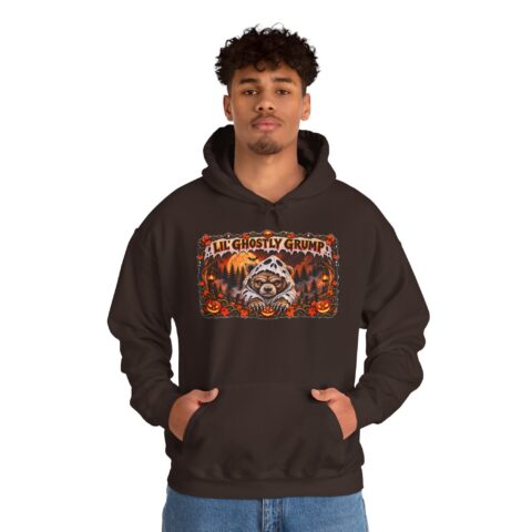 Lil’ Ghostly Grump Hoodie in Dark Chocolate, worn, front view