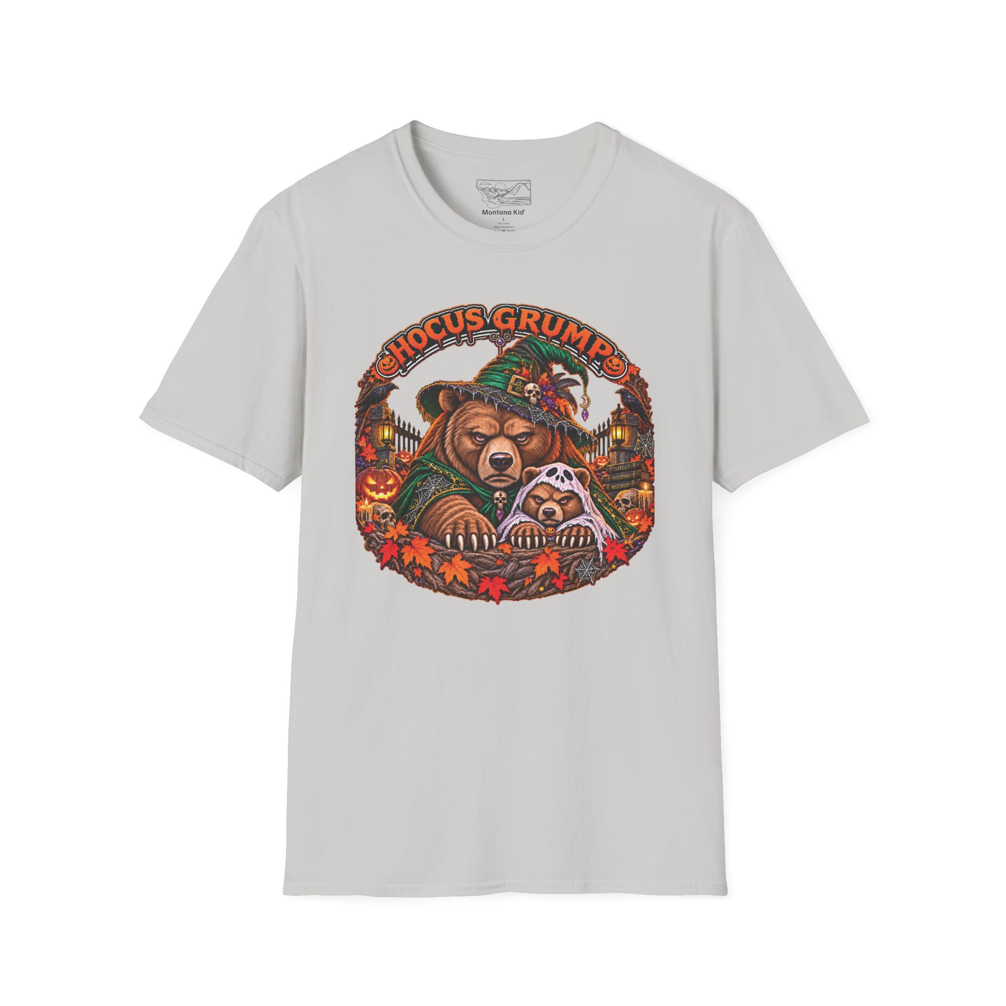 Hocus Grump Tee in Ice Grey, laid flat
